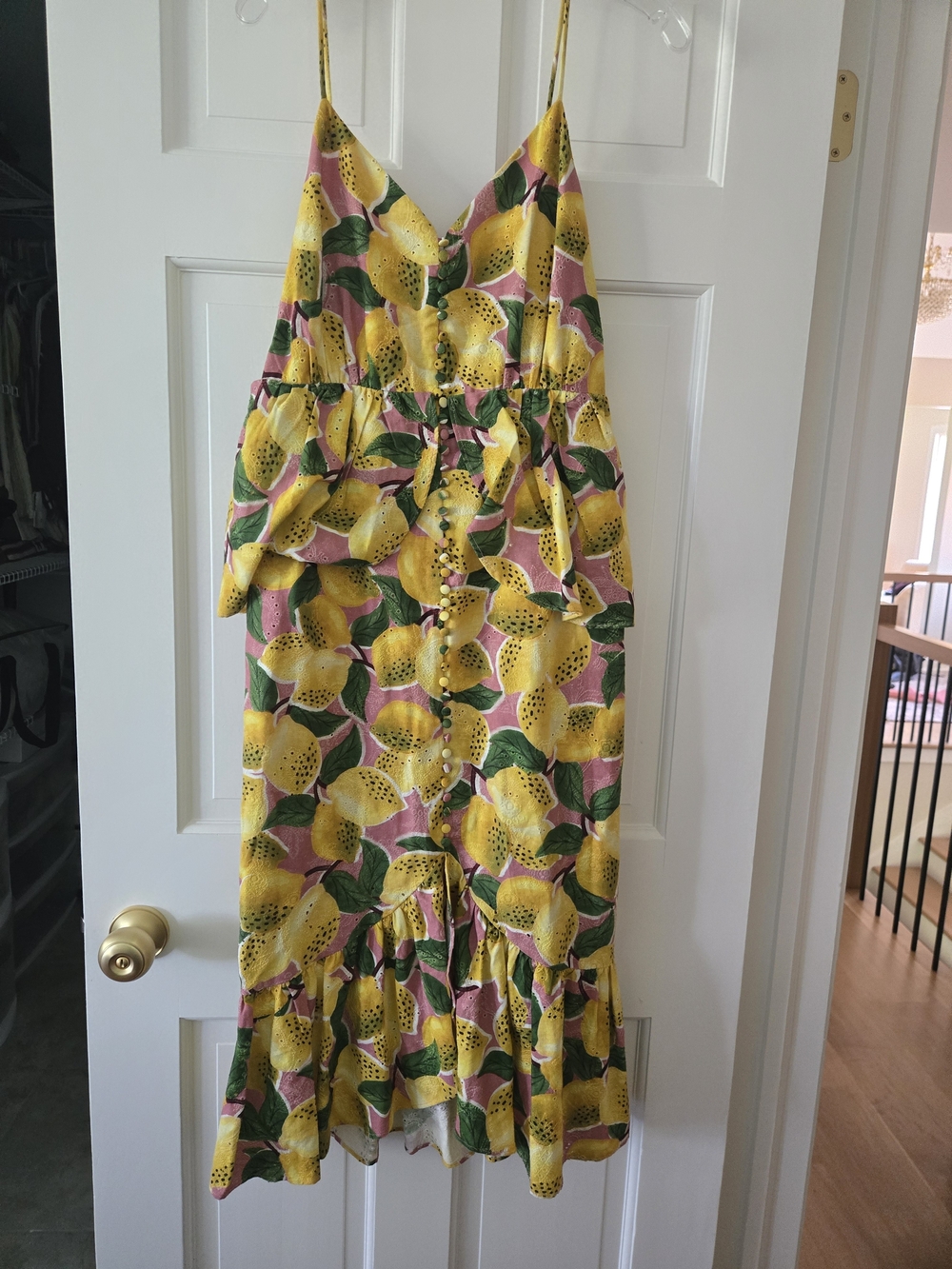 FARM Rio Yellow Lemon Print Midi Dress with Green Leaves